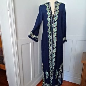 Global Ethnic Navy Kaftan Middle Eastern Dress Lounger Embroided Detail  10-12